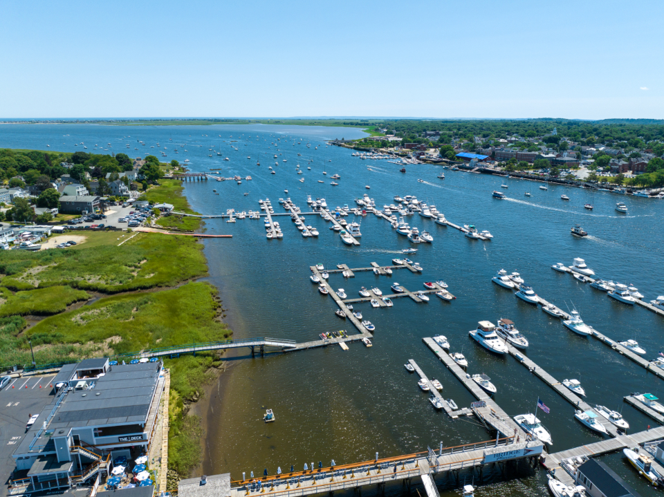 Aerial view of a busy mooring field and marina